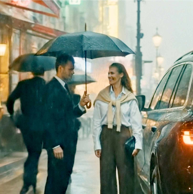 KI-generiertes Bild: Ein Mann und eine lächelnde Frau in Businesskleidung stehen im Regen auf der Straße, er hält einen Regenschirm über beide.