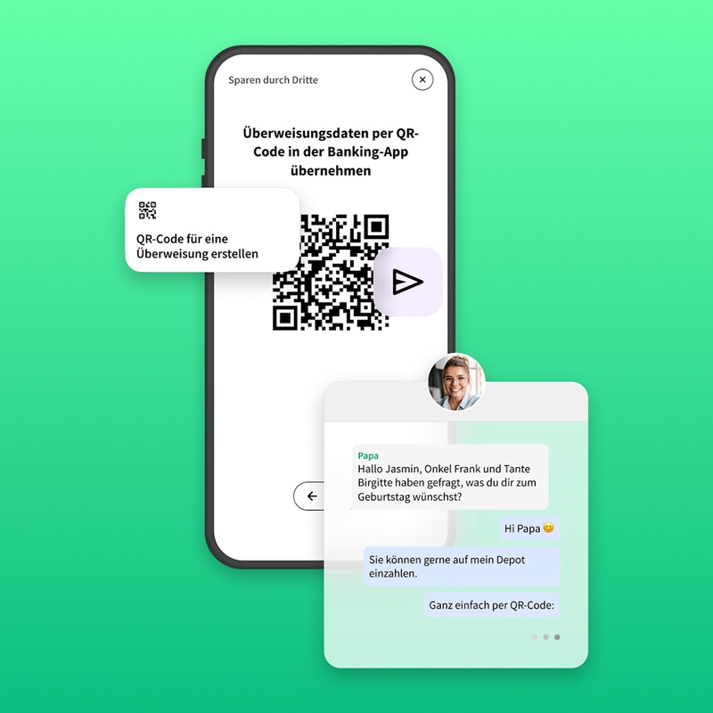 Benutzeroberfläche Sparen durch Dritte mit QR-Code für Überweisungsdaten zur Weiterleitung an Familie und Freunde.